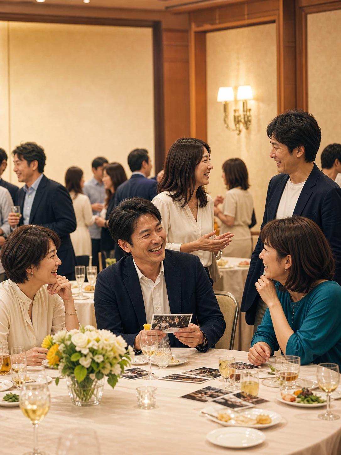 40代を中心とした同窓会関係者が、懇親会で久しぶりの再会を喜びながら談笑している様子