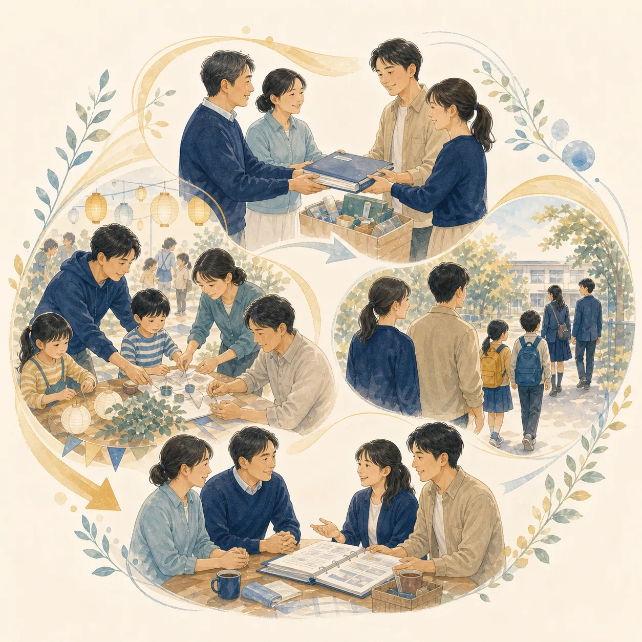 子どもの成長に合わせて父親と母親が子ども会の運営を引き継ぐイメージ