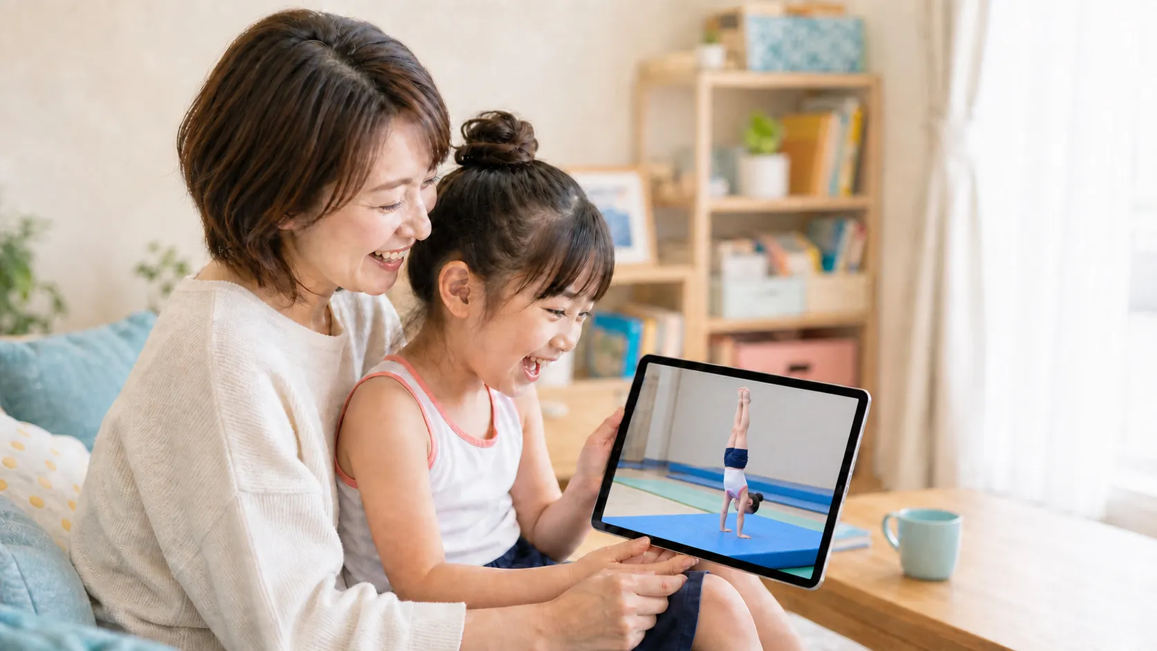 娘の逆上がりの練習映像をタブレットで見ながら喜ぶ親子