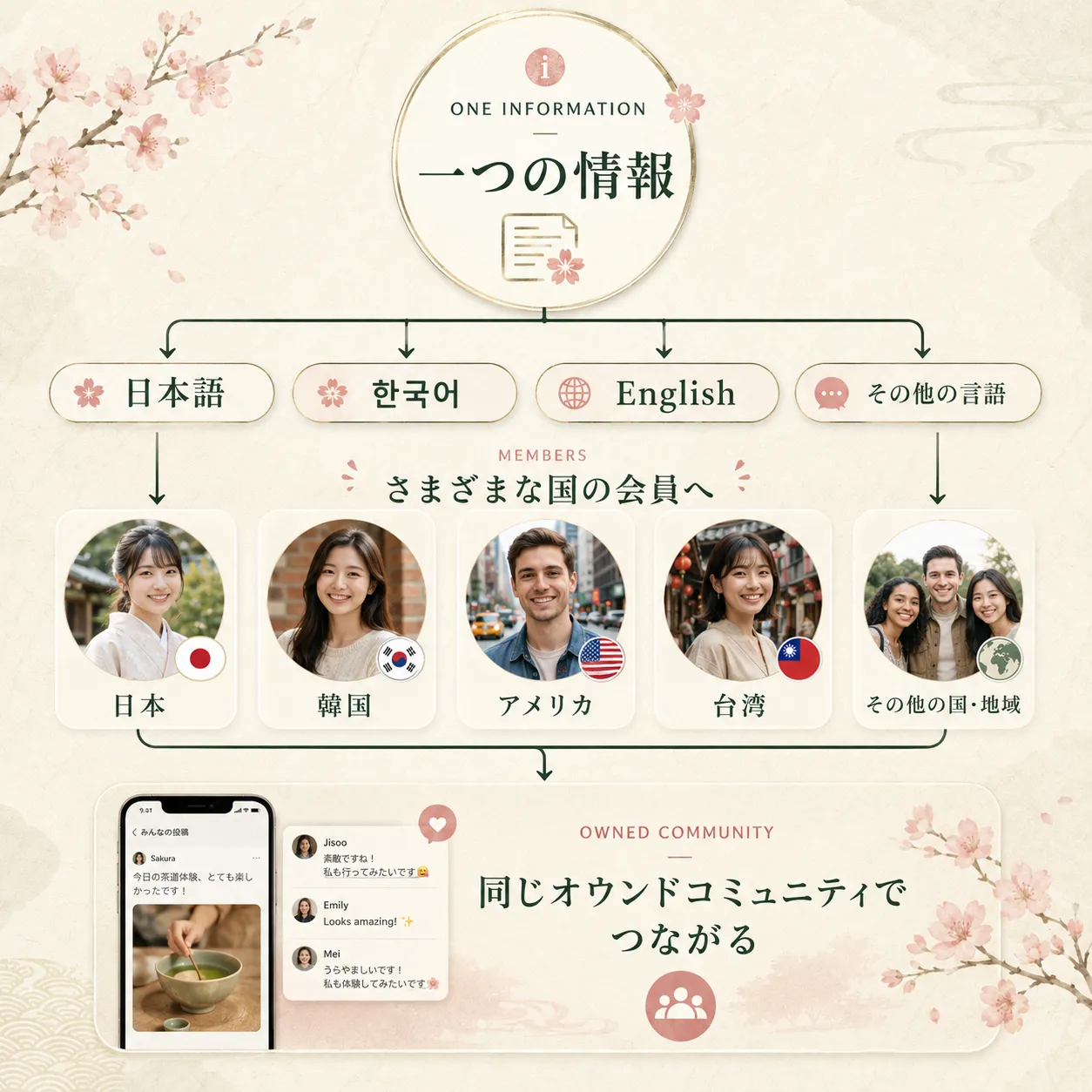 一つの情報を日本語、韓国語、英語、その他の言語に展開し、さまざまな国の会員へ届け、同じオウンドコミュニティでつながることを示した図解