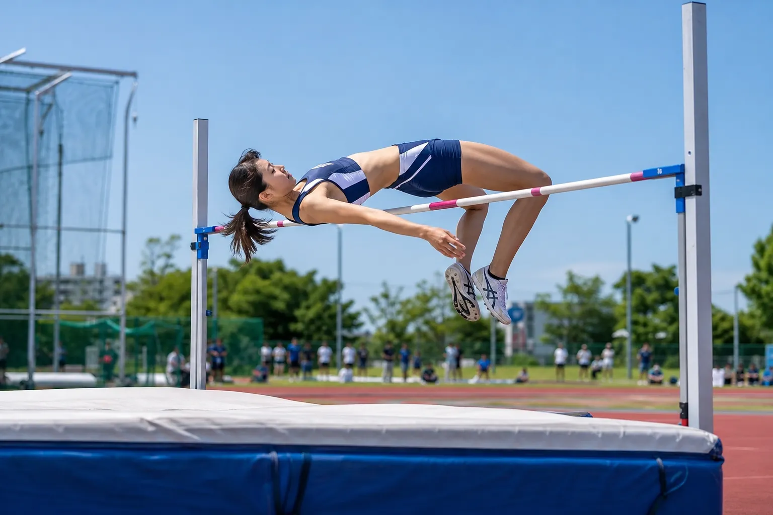 大学陸上競技会で背面跳びに挑む女子学生選手
