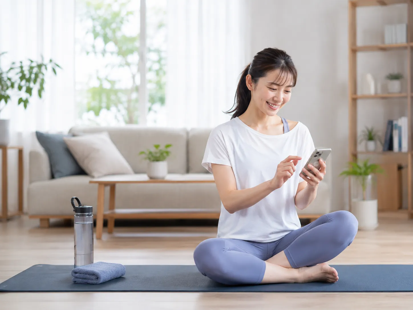 レッスン後にスマートフォンでトレーニング情報を確認する利用者