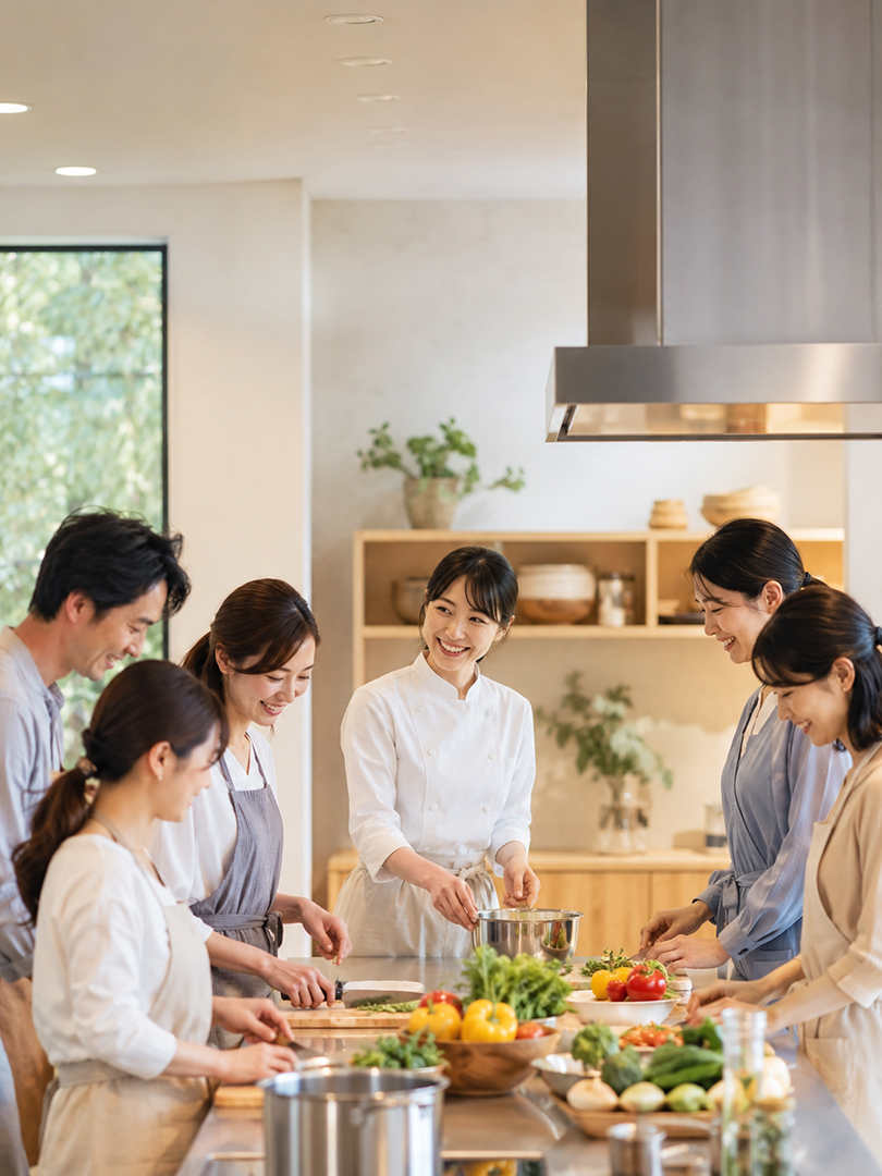 料理教室で講師の説明を聞きながら調理する日本人の参加者