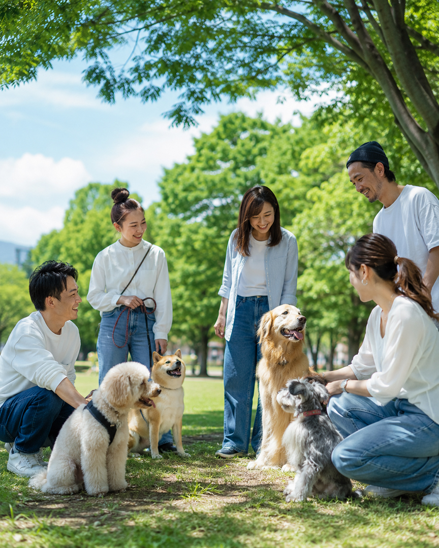 愛犬と一緒に交流する日本人の犬愛好家コミュニティー