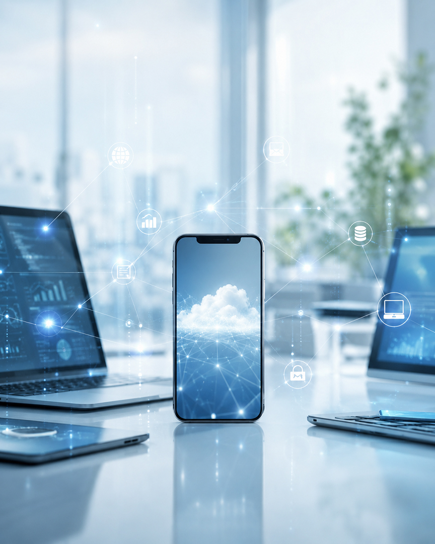 スマートフォンやクラウドを通じて情報が連携するデジタルネットワークのイメージ