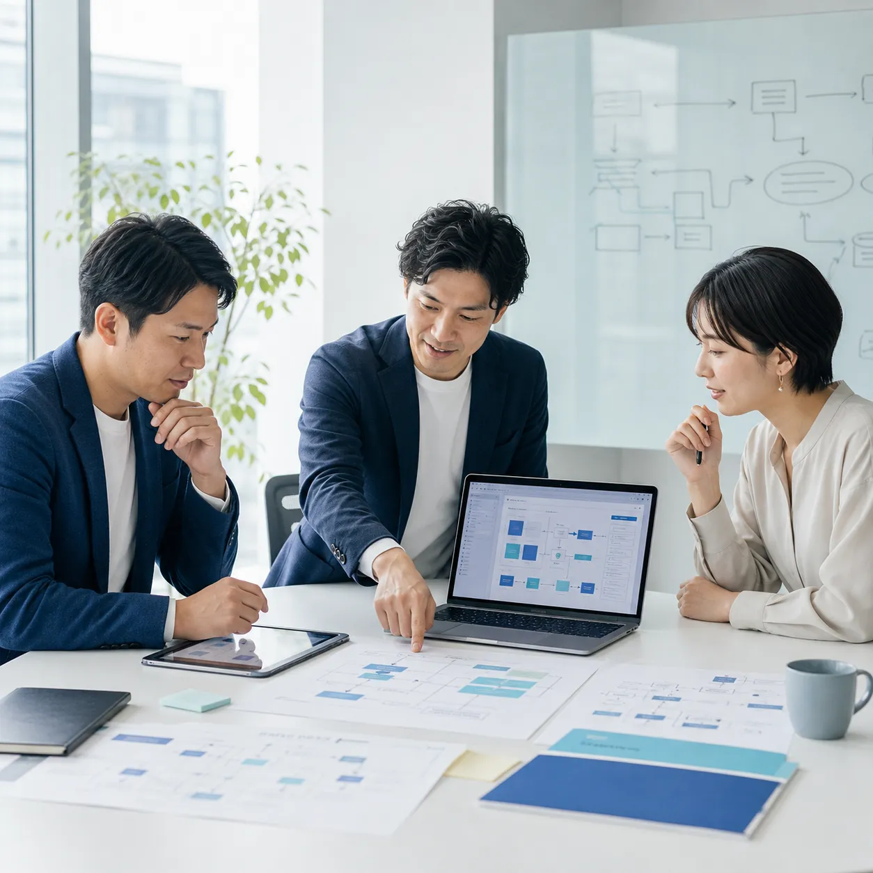 紙の業務フローと管理画面を確認しながら仕組みを設計するチーム