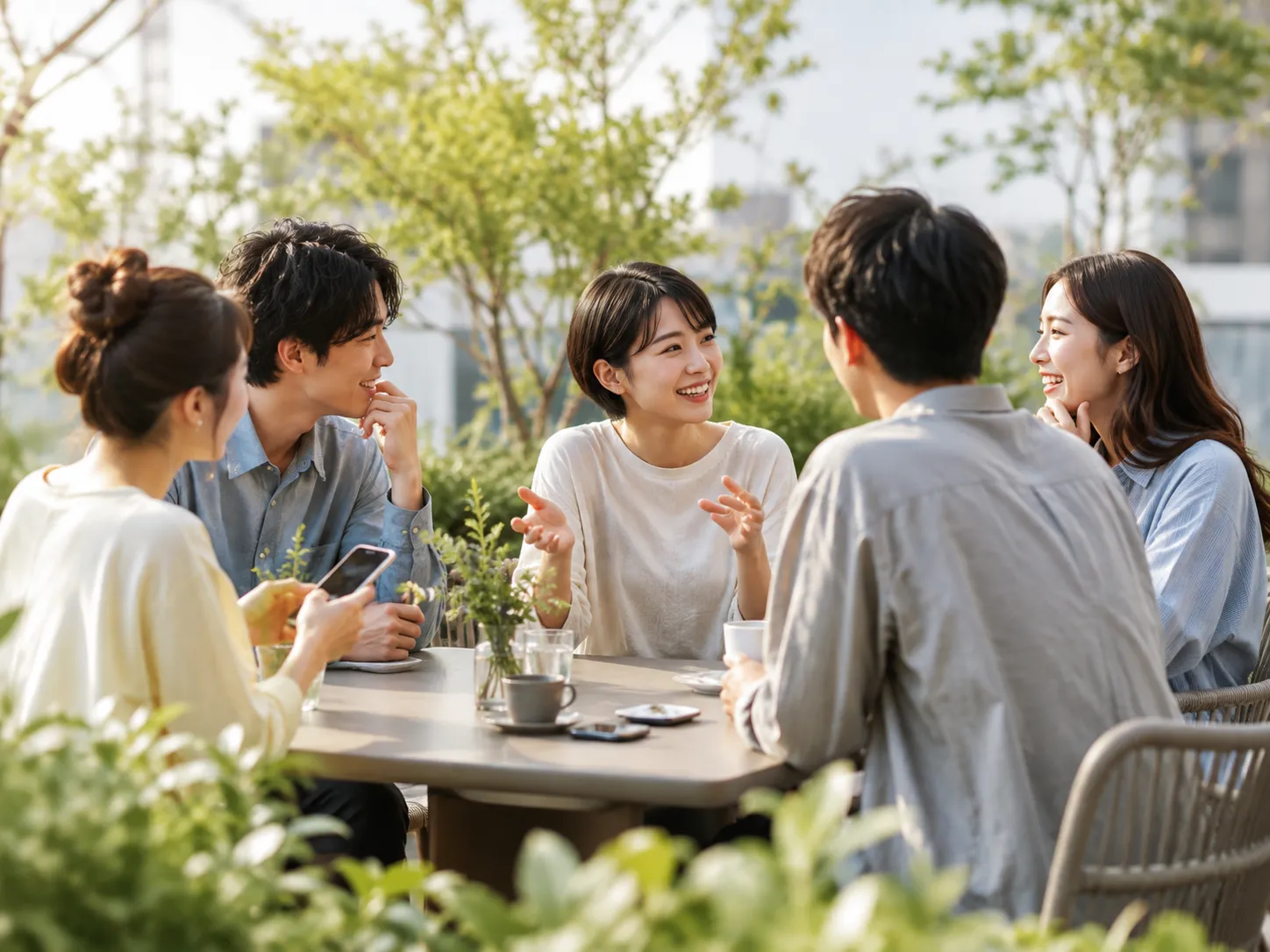 スマートフォンを身近に置きながら会話を楽しむ若い世代の集まり