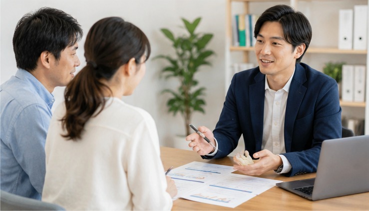 担当者が相談者の話を聞きながら、資料とパソコンを使って打ち合わせている様子
