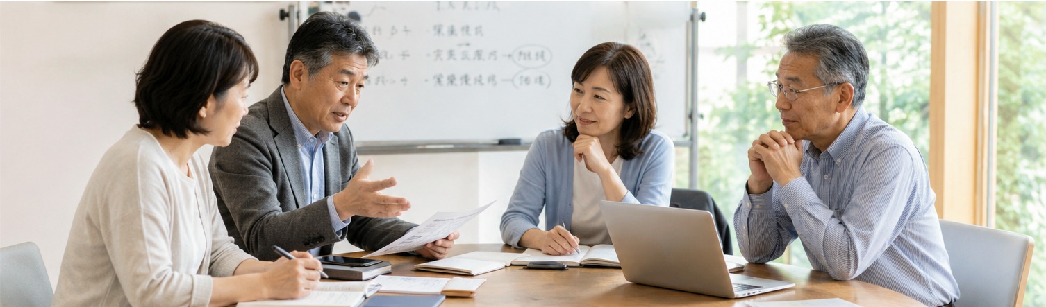 団体の役員や幹事が、資料とパソコンを囲んで運営について話し合っている様子